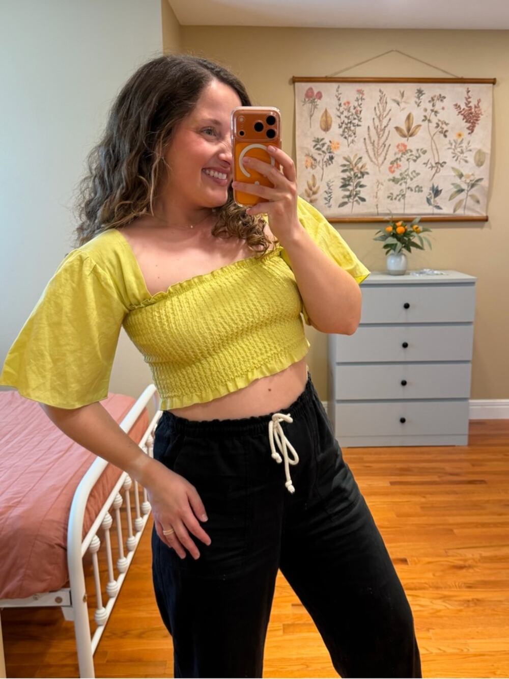 Anthropologie Charlie Holiday Cropped Smocked Square-Neck Top in Lime Yellow 2